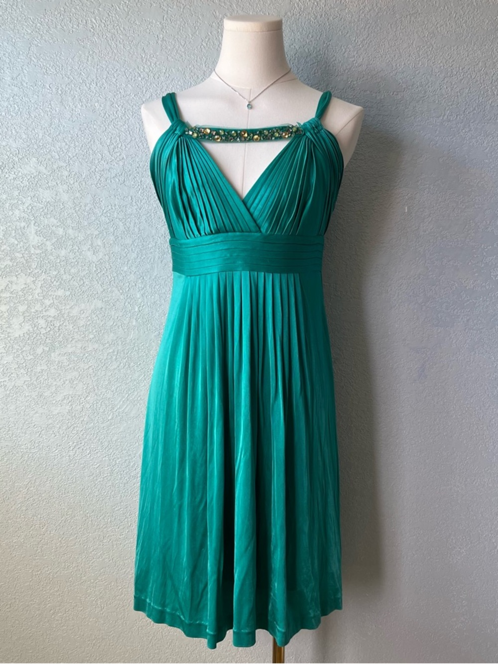 BCBG Max Azria Green Pleated Dress Beaded Empire Waist Cocktail M